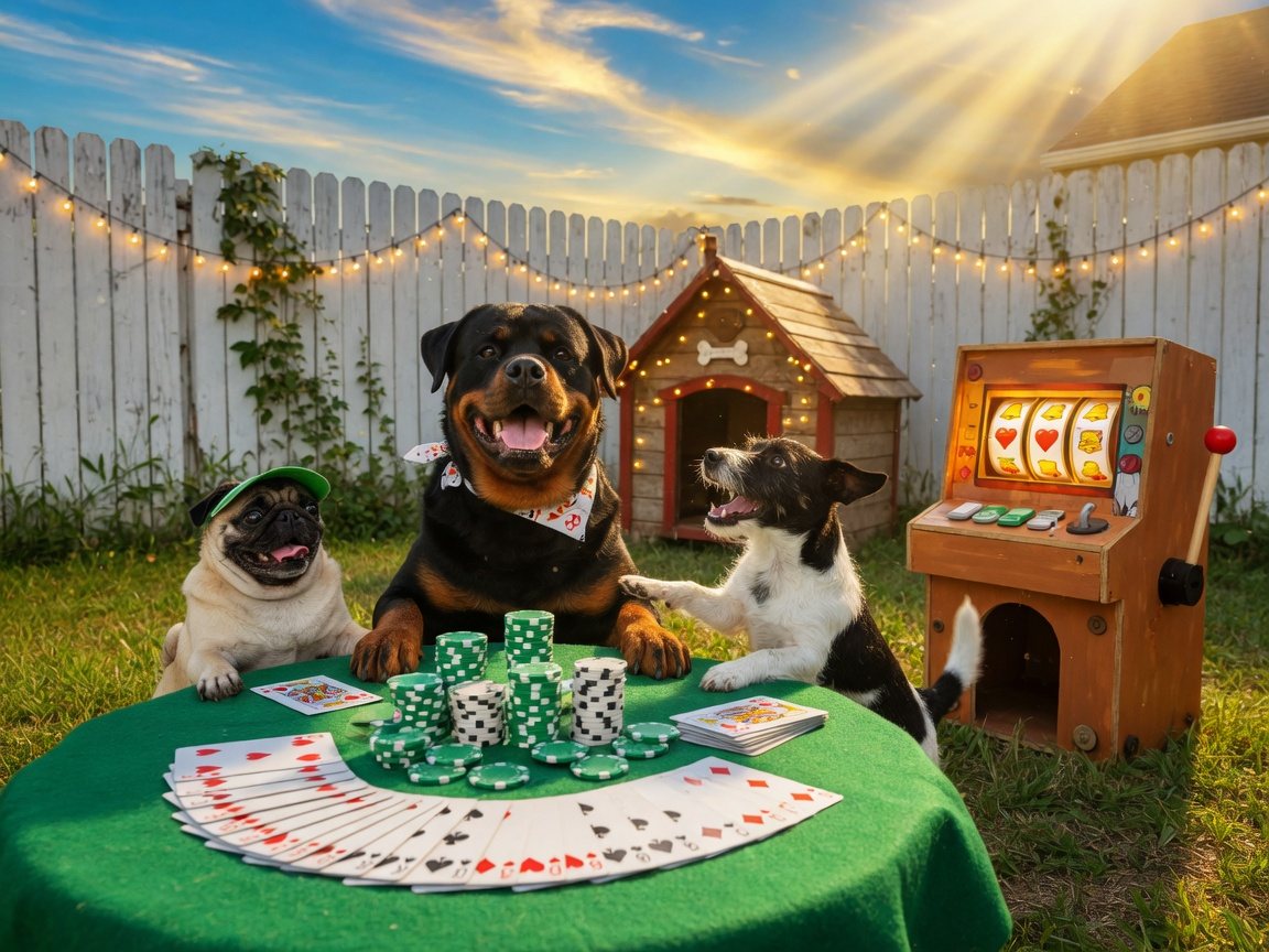 Three backyard dogs — a rottweiler, a pug, and a jack russell — gathered around a glowing backyard casino table under string lights